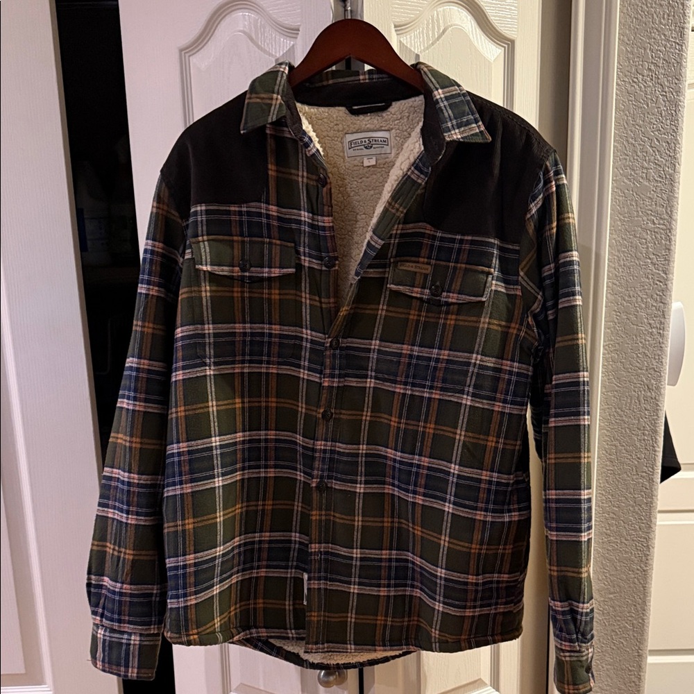 Field & Stream Green Plaid Shirt Jacket with Sherpa Lining